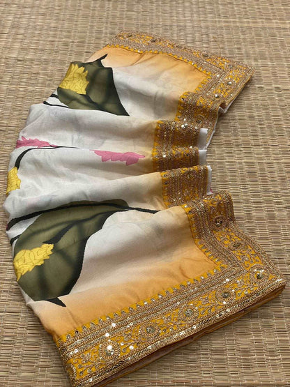 Bollywood Diva style floral pastel saree with beautiful border work and stitched blouse