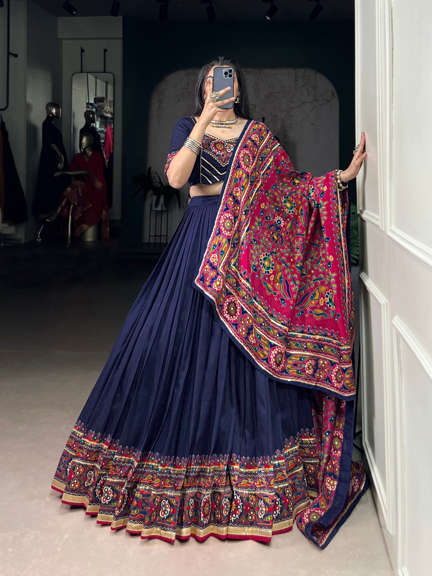 Gamthi Print and Embossed Lace Silk Chaniya Cholis for Navratri Fully Stitched