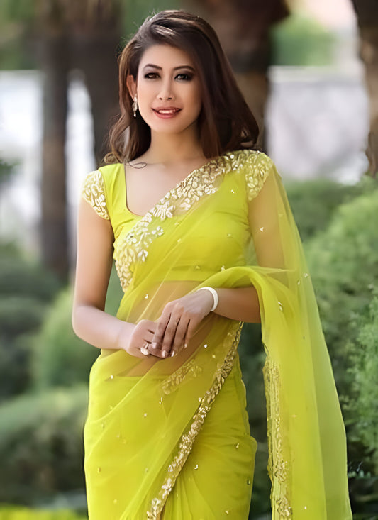 Parrot Green Bollywood Style Net Saree with Stitched Blouse