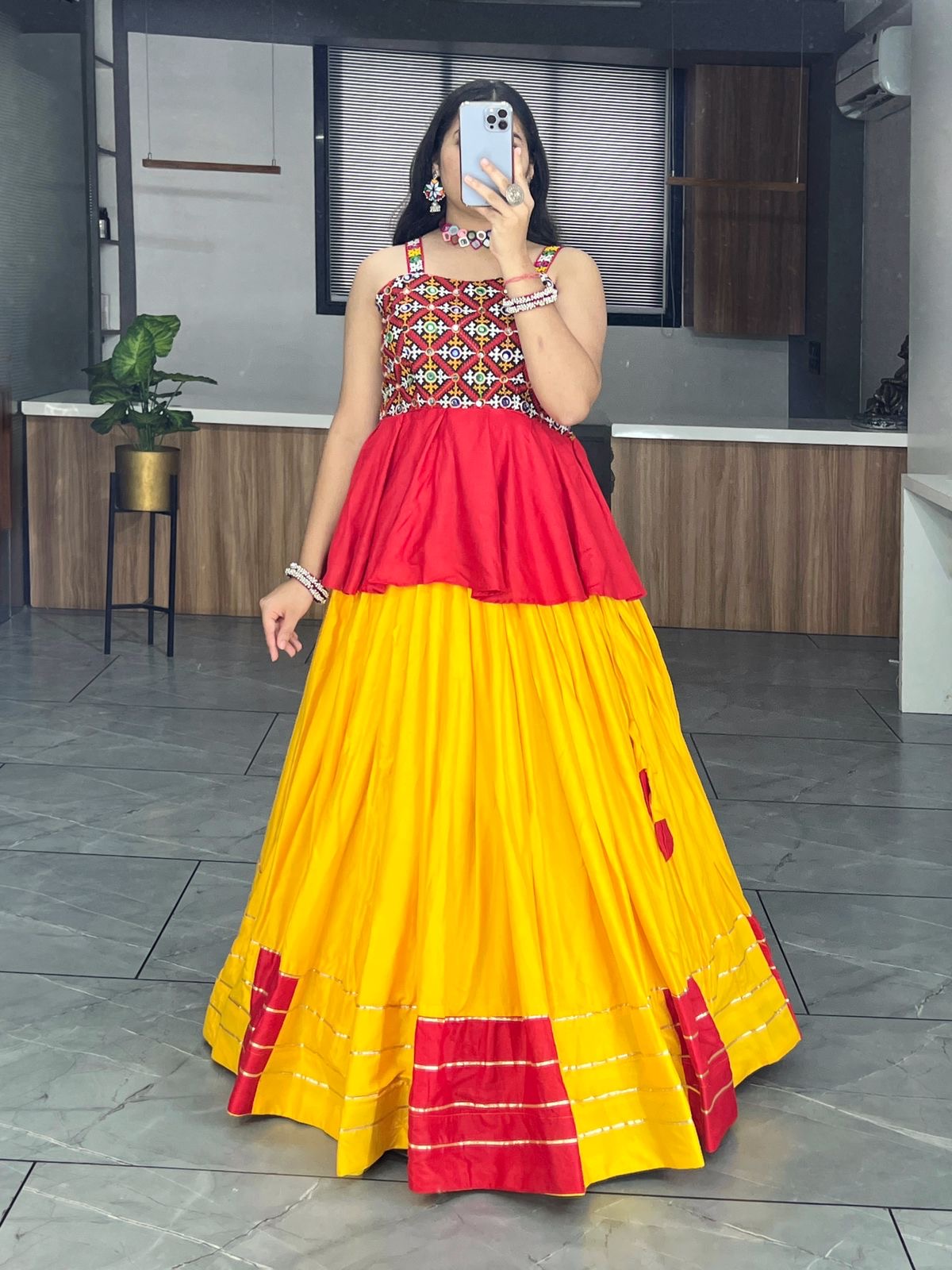 Yellow & Red Navratri Special Kediya Top with Chaniya Unique Style Fully Stitched