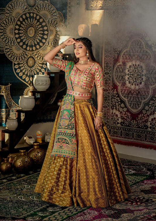 Vihangi- Mustard and green detailed print fully stitched lehenga