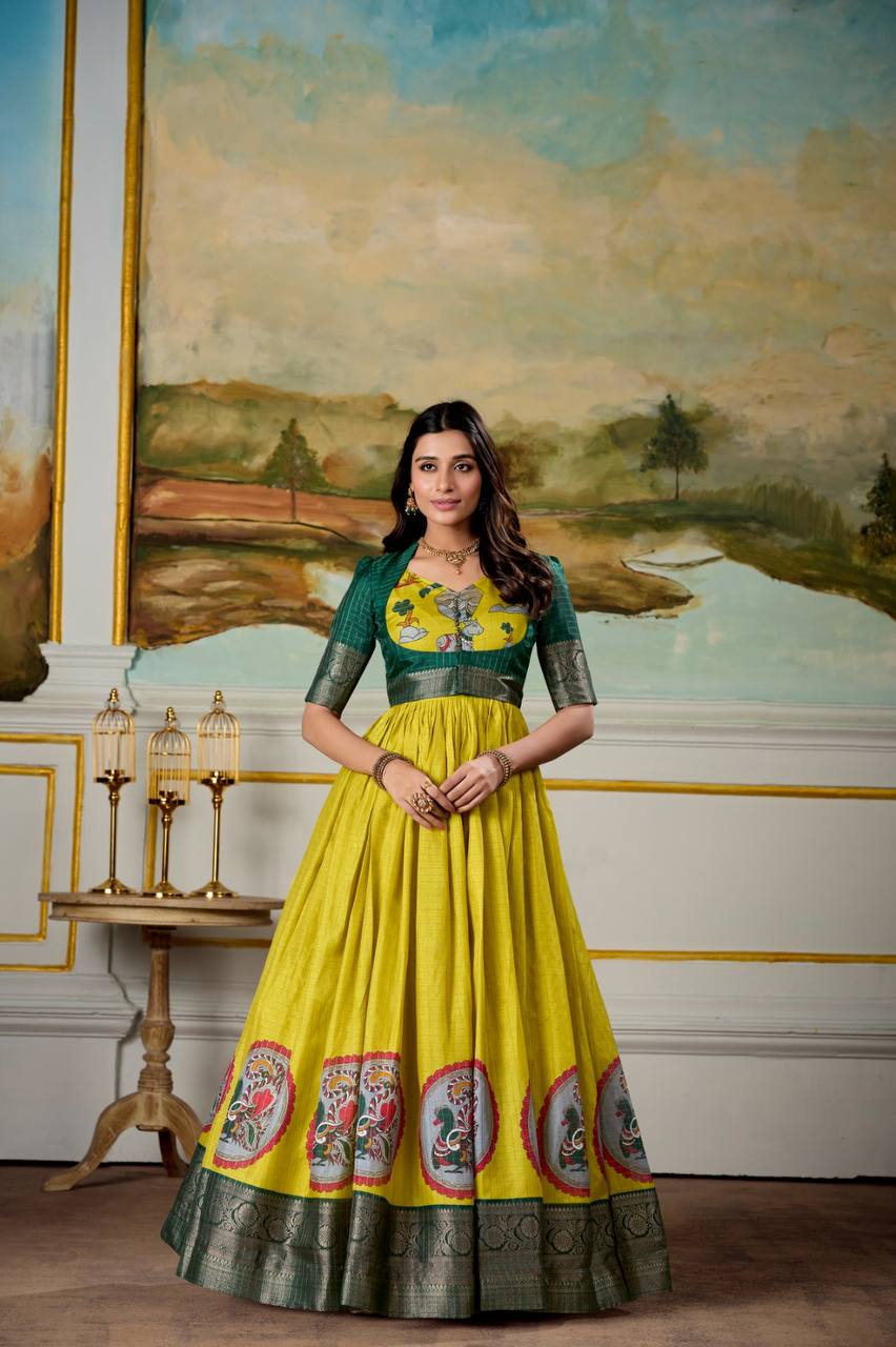 Beautiful Kalamkari Print Dola Silk Fully Stitched Gown