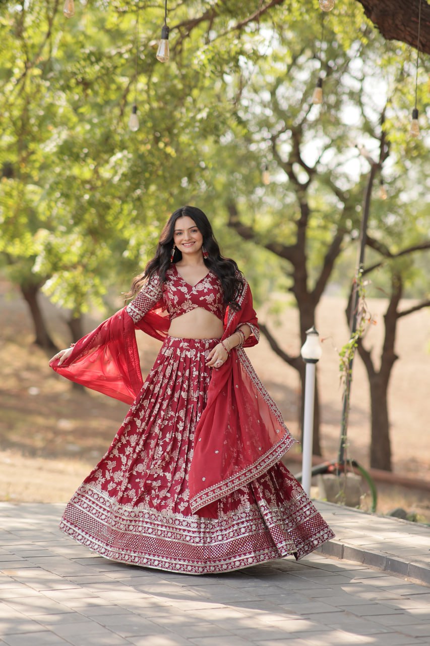 Premium Maroon Embroidered work fully Stitched Lehenga