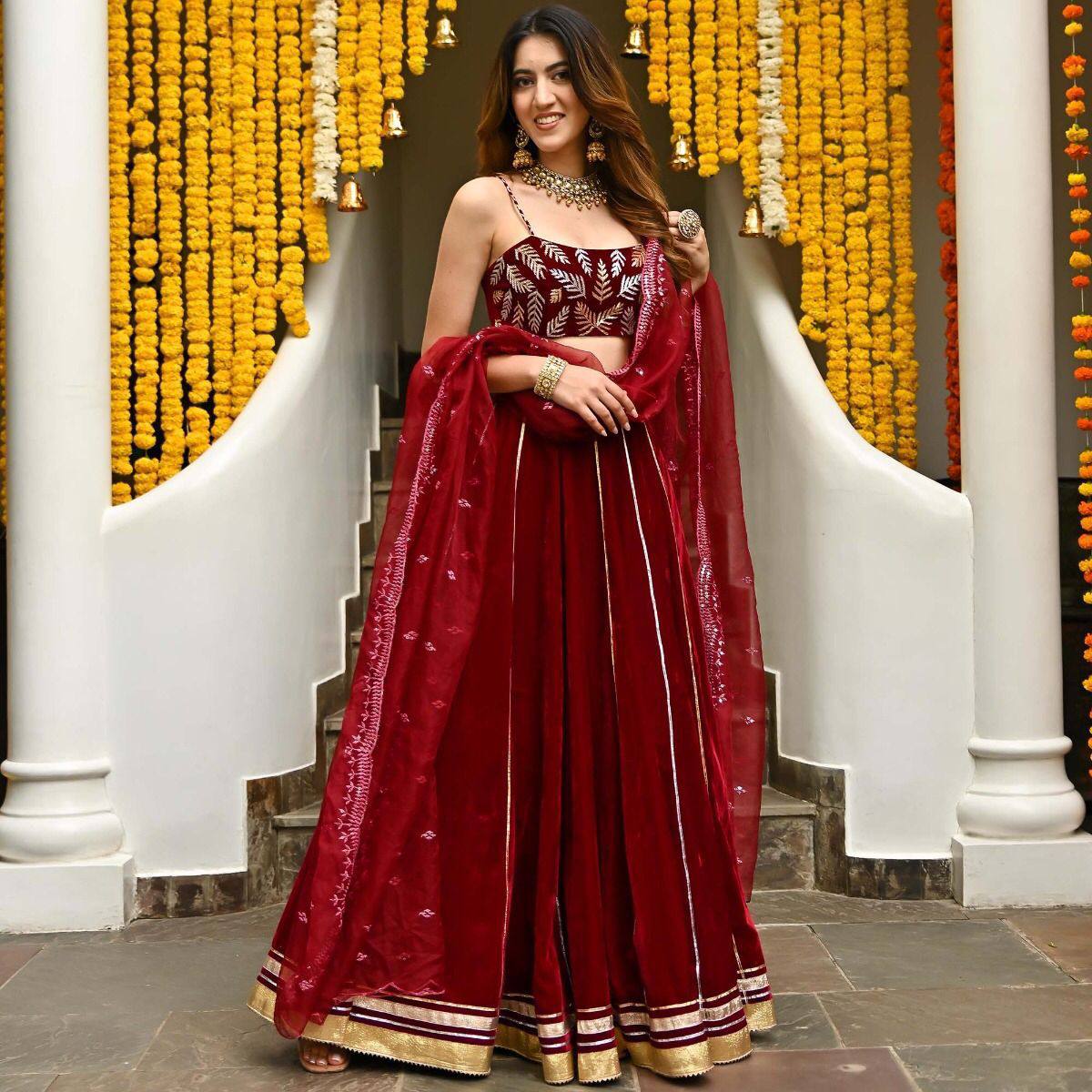 Maroon velvet fully stitched lehenga