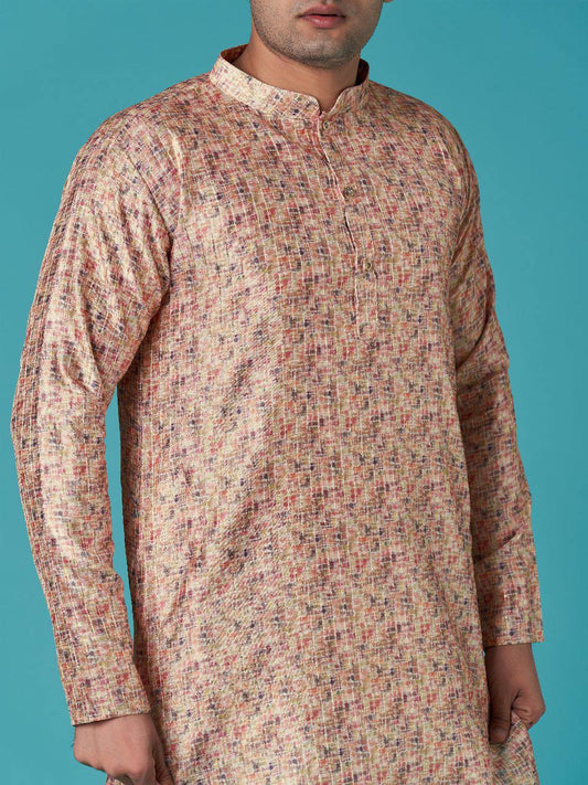 Beige Men's traditional indian sequins work with print cotton kurta with pajama