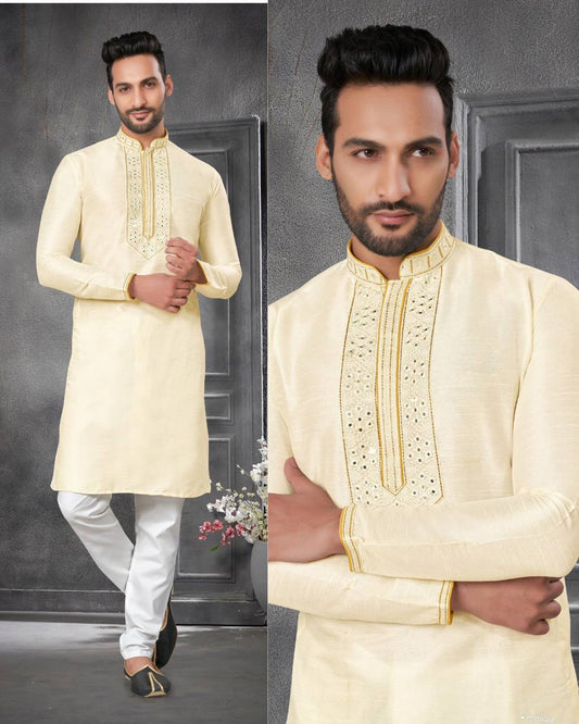 Neck mirror work silk kurta with pant