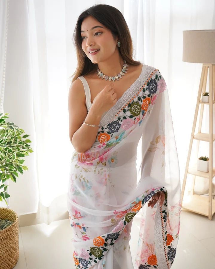Premium Georgette floral saree with fully stitched blouse