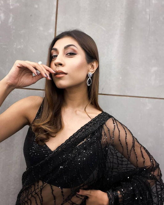 Anamika - Jett black saree with sequence and stitched blouse