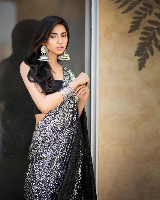 Silver and black sequins saree with stitched blouse