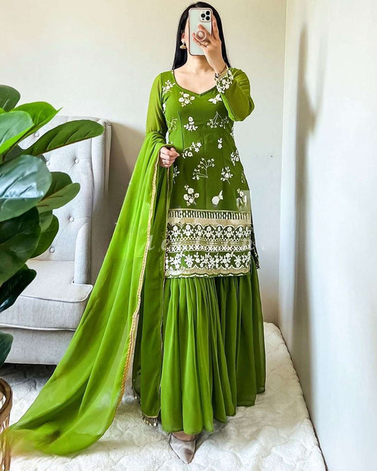 Green sharara set fully stitched