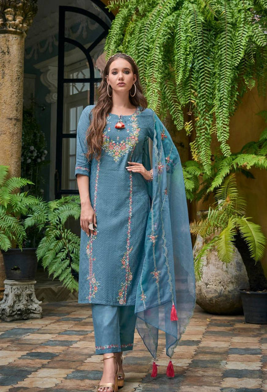 Sapphire blue embroidered kurti set