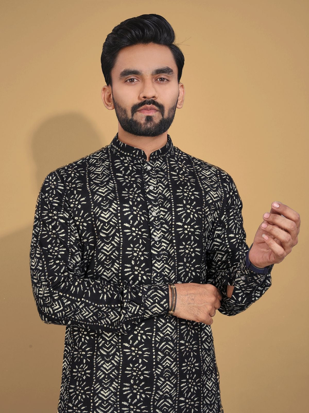 Soft & Comfy Cotton With Foil Print Men's Kurta with Cotton Pajama