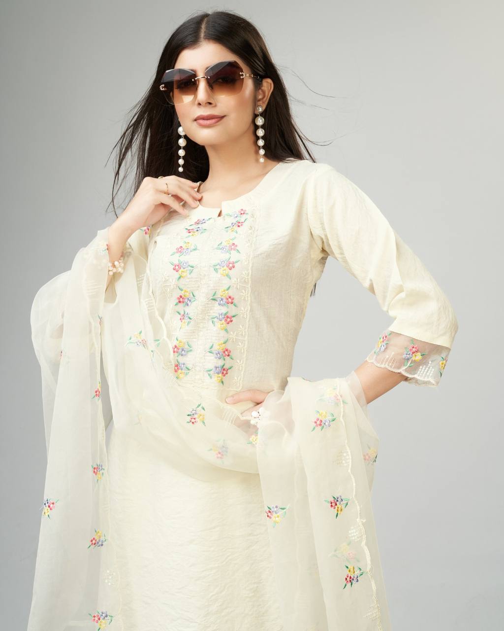 Cream viscose fabric kurti set