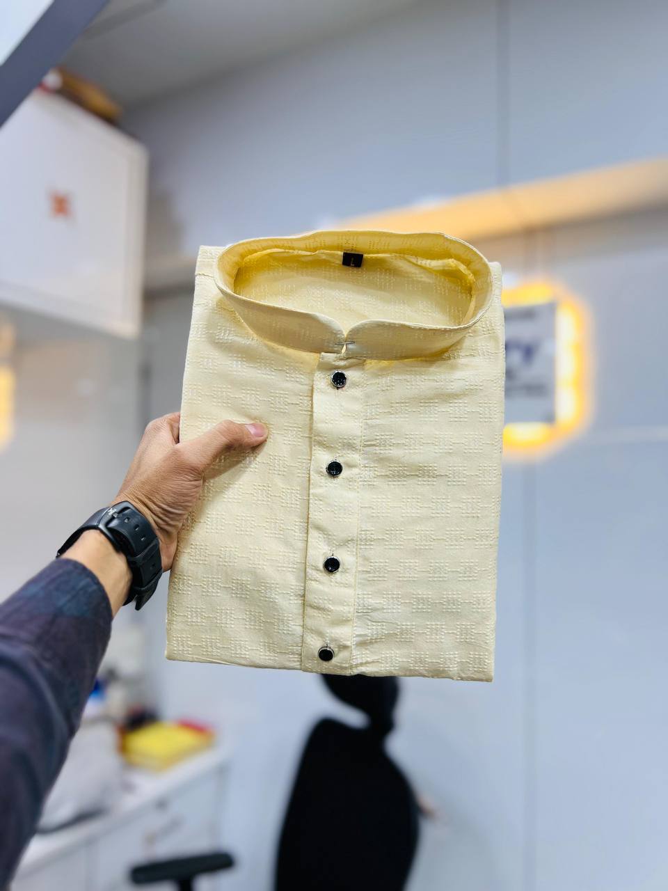 Cream Men's kurta Weaving style jaquard fabric with pure Cotton Pajama