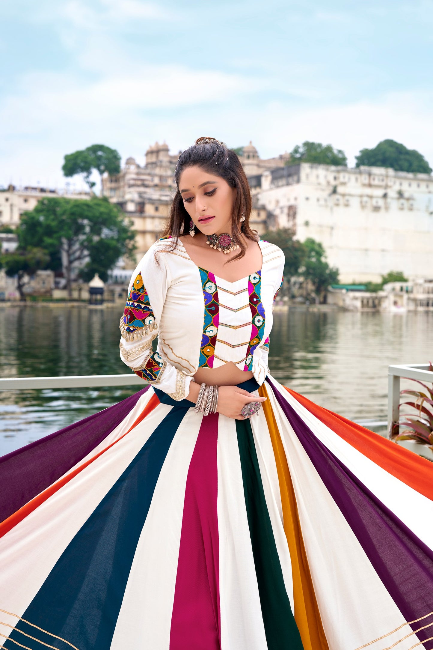 Shauryaa - Premium White Rayon Cotton Rainbow Styled Lehenga Cholis Fully Stitched