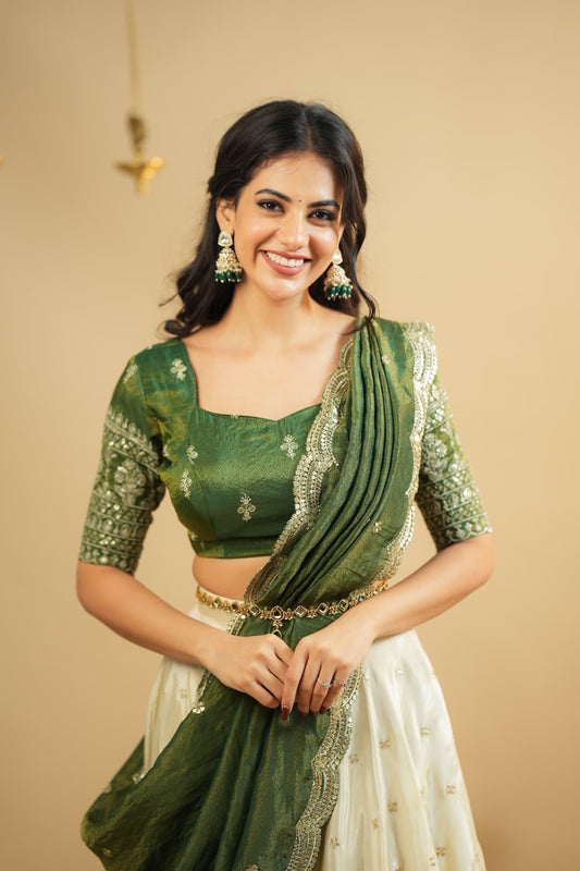 Saumya - Premium Green and White Silk Lehenga Fully Stitched