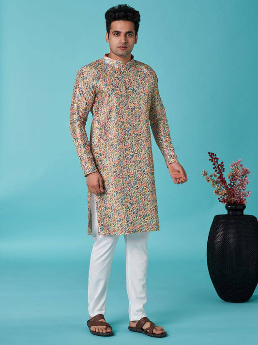 Men's traditional indian sequins work with print cotton kurta with pajama