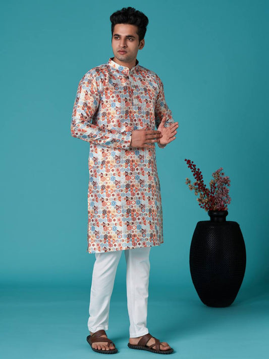Men's traditional indian ethinic print cotton kurta with pajama