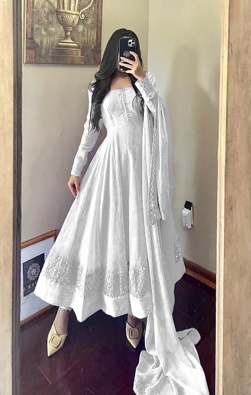 White Classic Anarkali Gown fully stitched