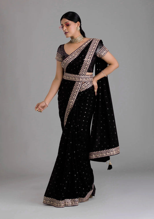 Chinnon Black saree with fully stitched blouse