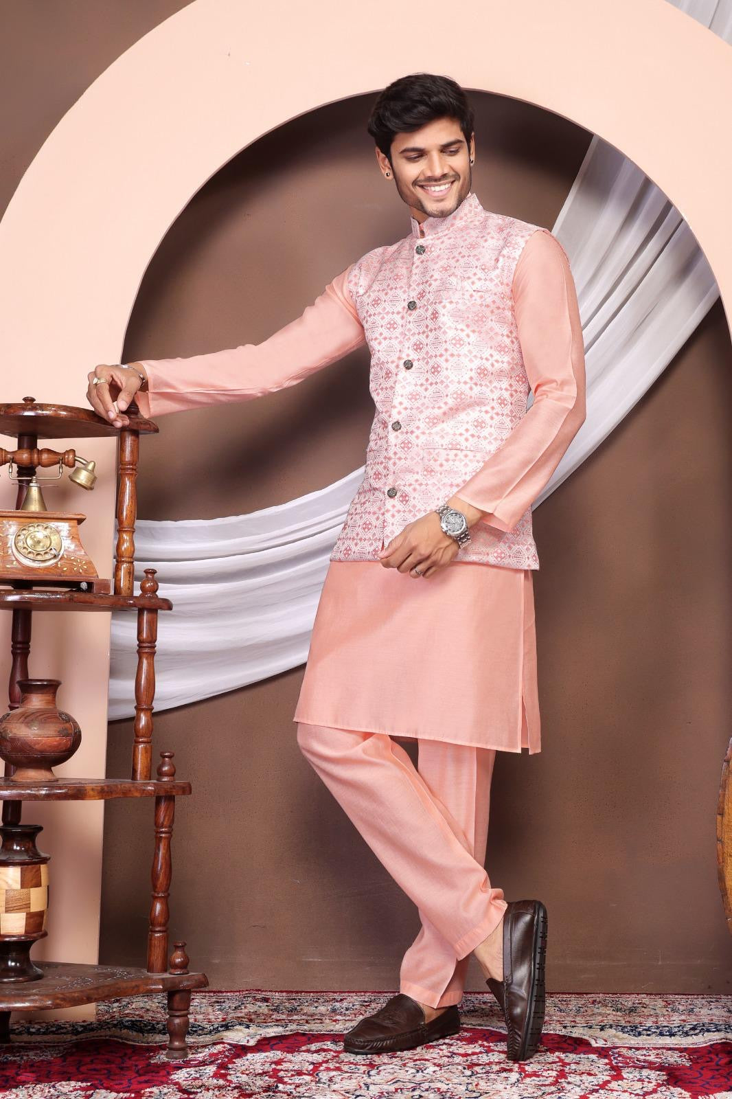Peach Stylish Kurta with Koti for Wedding & Festive Looks - Men's Wear