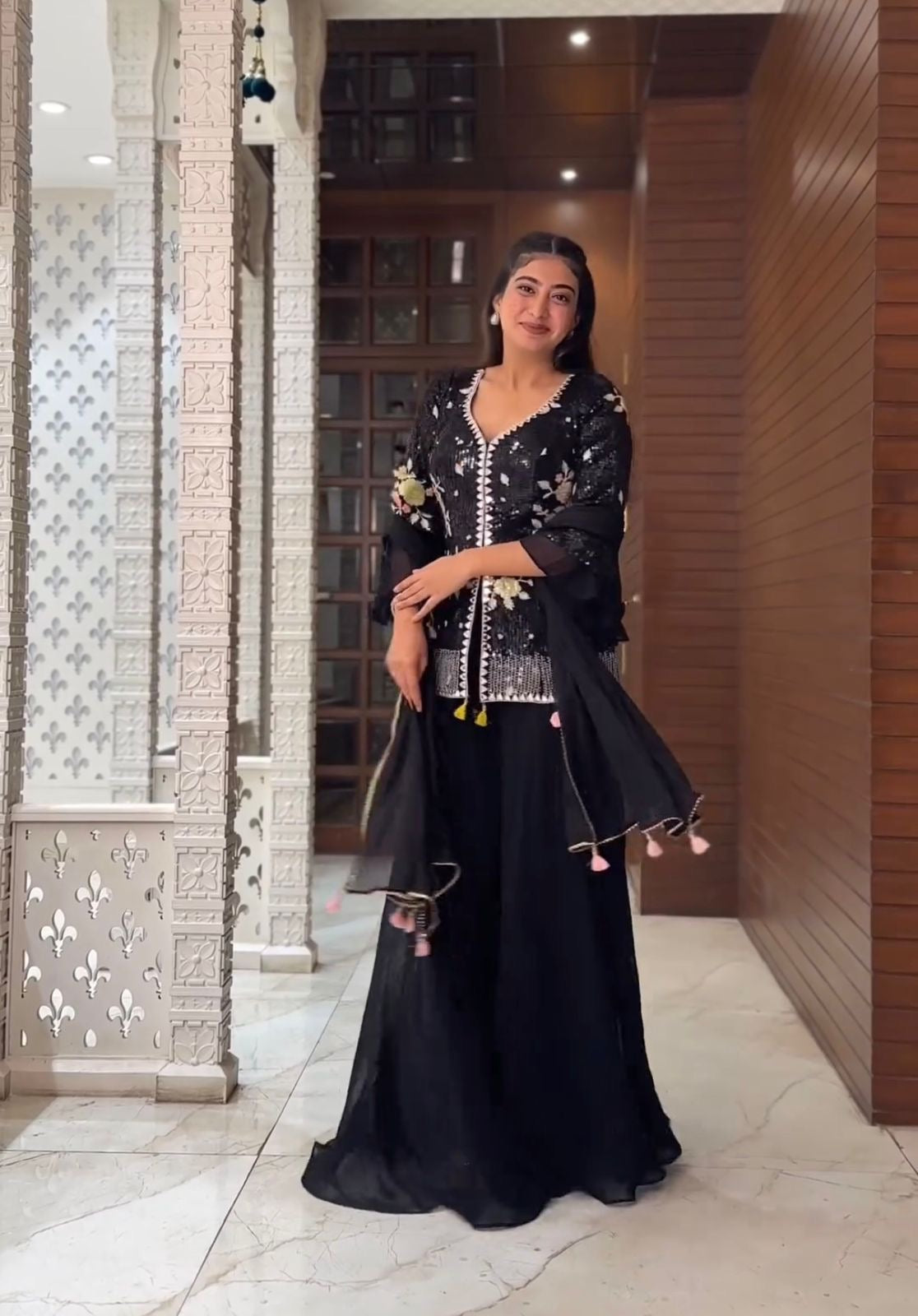 Black Designer Georgette Sharara Suit Fully Stitched L Black Designer Georgette Sharara Suit Fully Stitched L