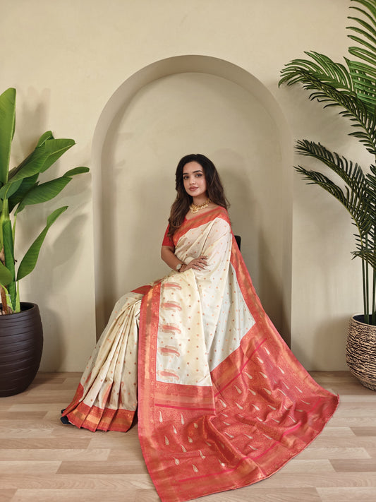 Off white Pure Paithani Silk Saree with rich weaving with Stitched Blouse