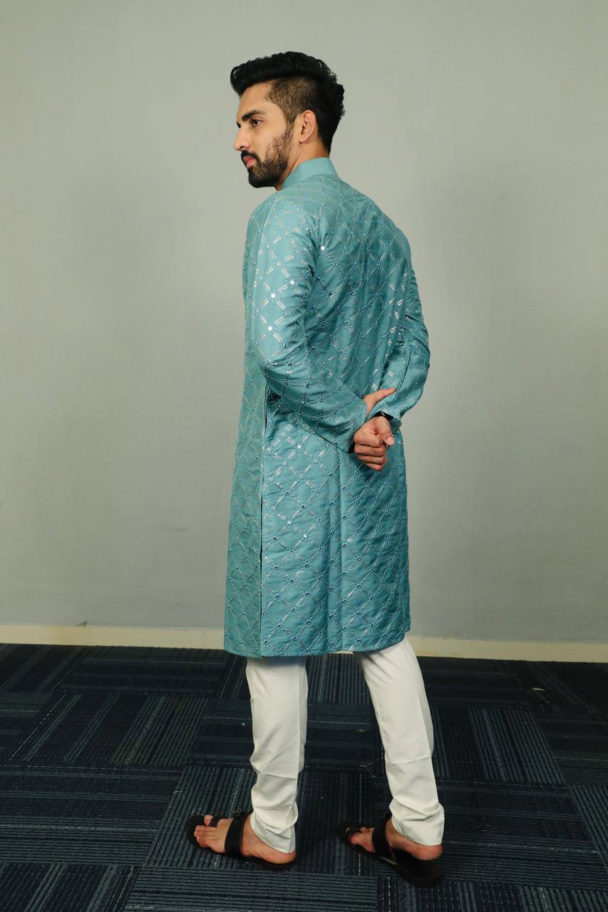 Turquoise colour Premium soft silk kurta with sequins work and with white cotton pajama