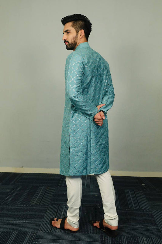 Turquoise colour Premium soft silk kurta with sequins work and with white cotton pajama