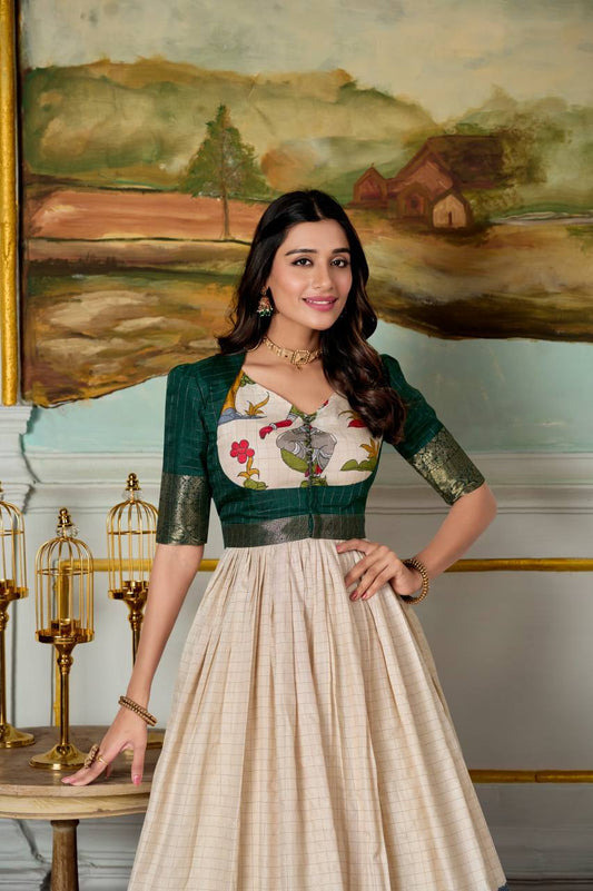 Beautiful Kalamkari Print Dola Silk Fully Stitched Gown