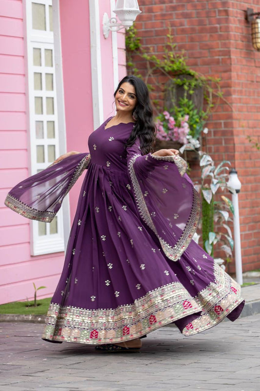 Eggplant Purple Premium Embroidered Gown fully stitched