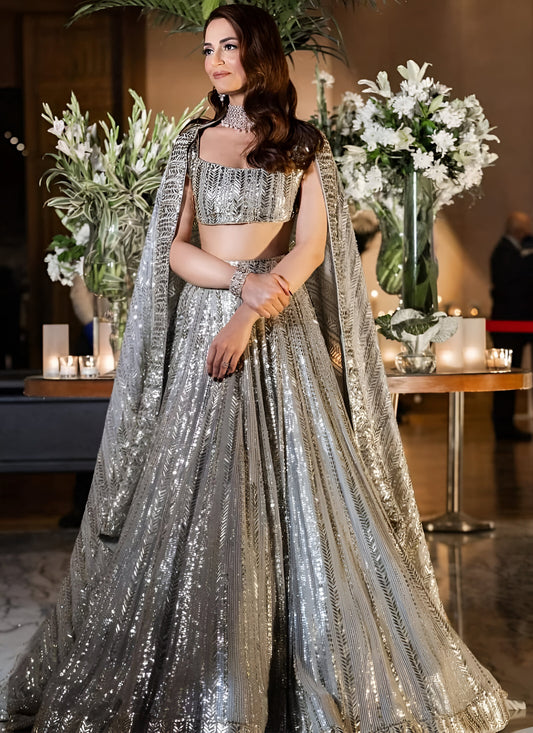 Metallic Grey Sparkling Sequins Fully Stitched Lehenga