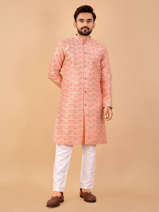 Peach colour Men's traditional indo western bollywood style with pajama