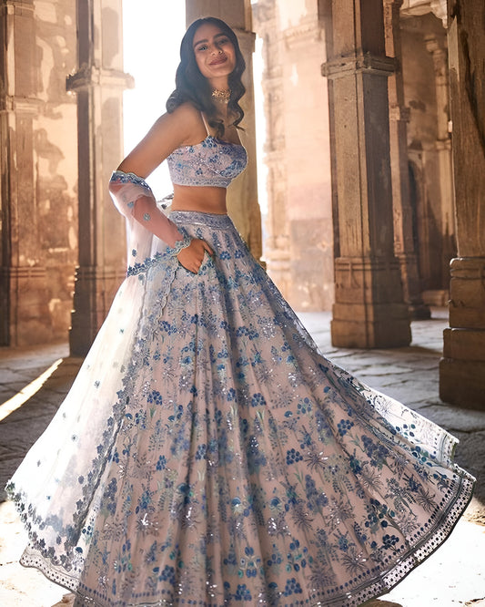 Beige Floral Blue Premium Lehenga Georgette Fabric Fully Stitched