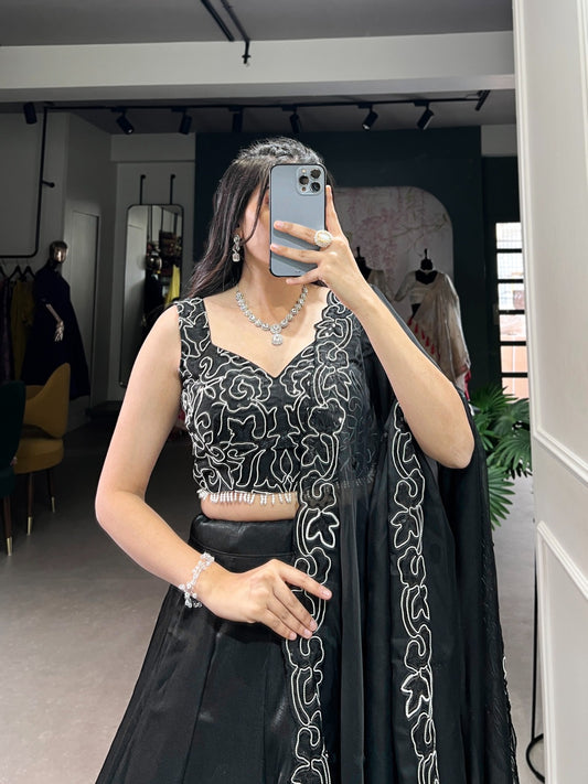Elite Black Satin Silk Reflective Lehenga with Handwork Blouse and Dupatta