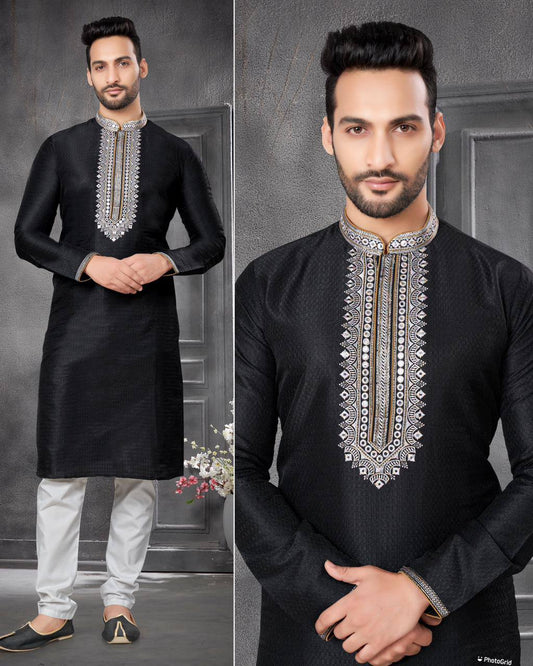 Black Men's premium cotton jacquard kurta with embroidery at neck with pajama
