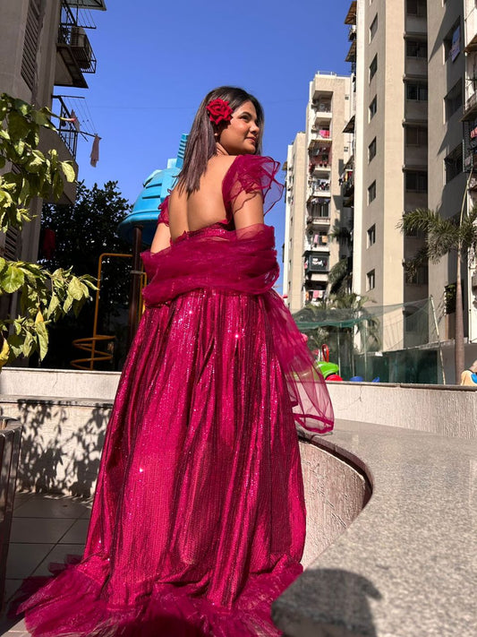 Pink Net ruffle lehenga fully stitched