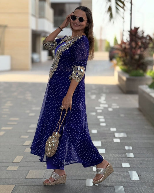 Real Mirror Neck Work Beautiful Shimmering Kurta Set Fully Stitched