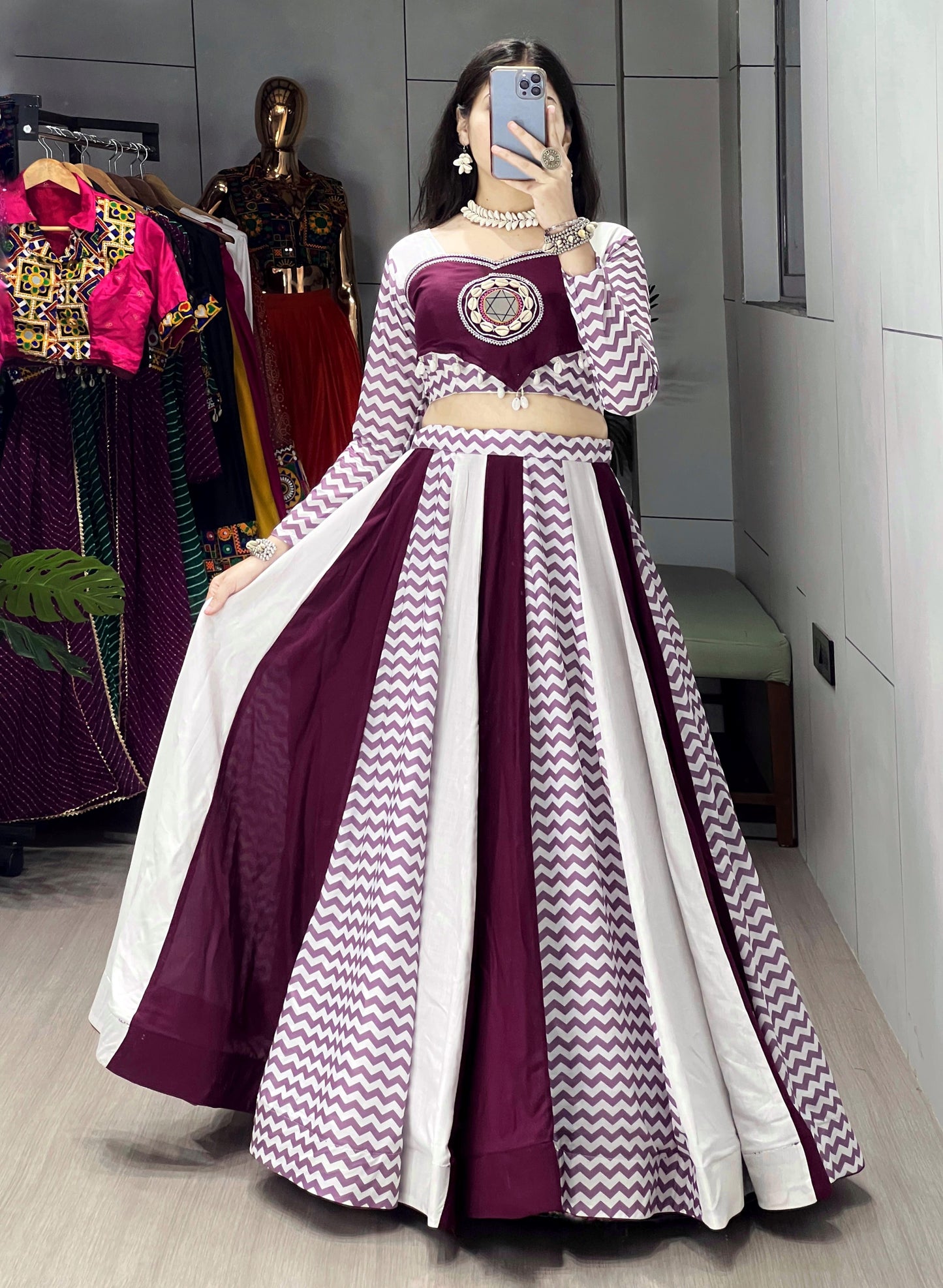 Beautiful Stripe Pattern Pure Cotton Wine and White Navratri Chaniya Choli Fully Stitched