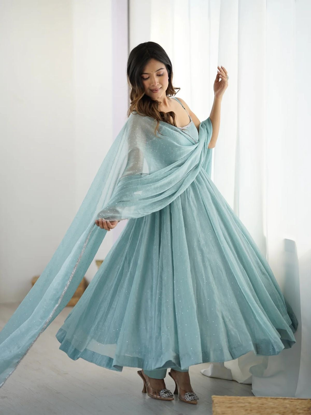 Shanaya Premium Silk Pastel Blue Anarkali Suit with Huge Flair Fully Stitched S Shanaya Premium Silk Pastel Blue Anarkali Suit with Huge Flair Fully Stitched S