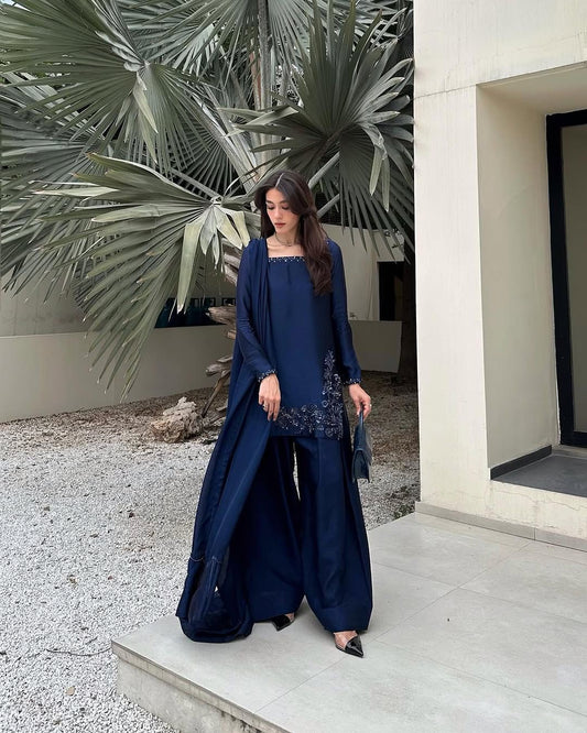 Navy Blue Soft Natural Crepe fabric with Hand Pearl Work Salwar Suit Fully Stitched