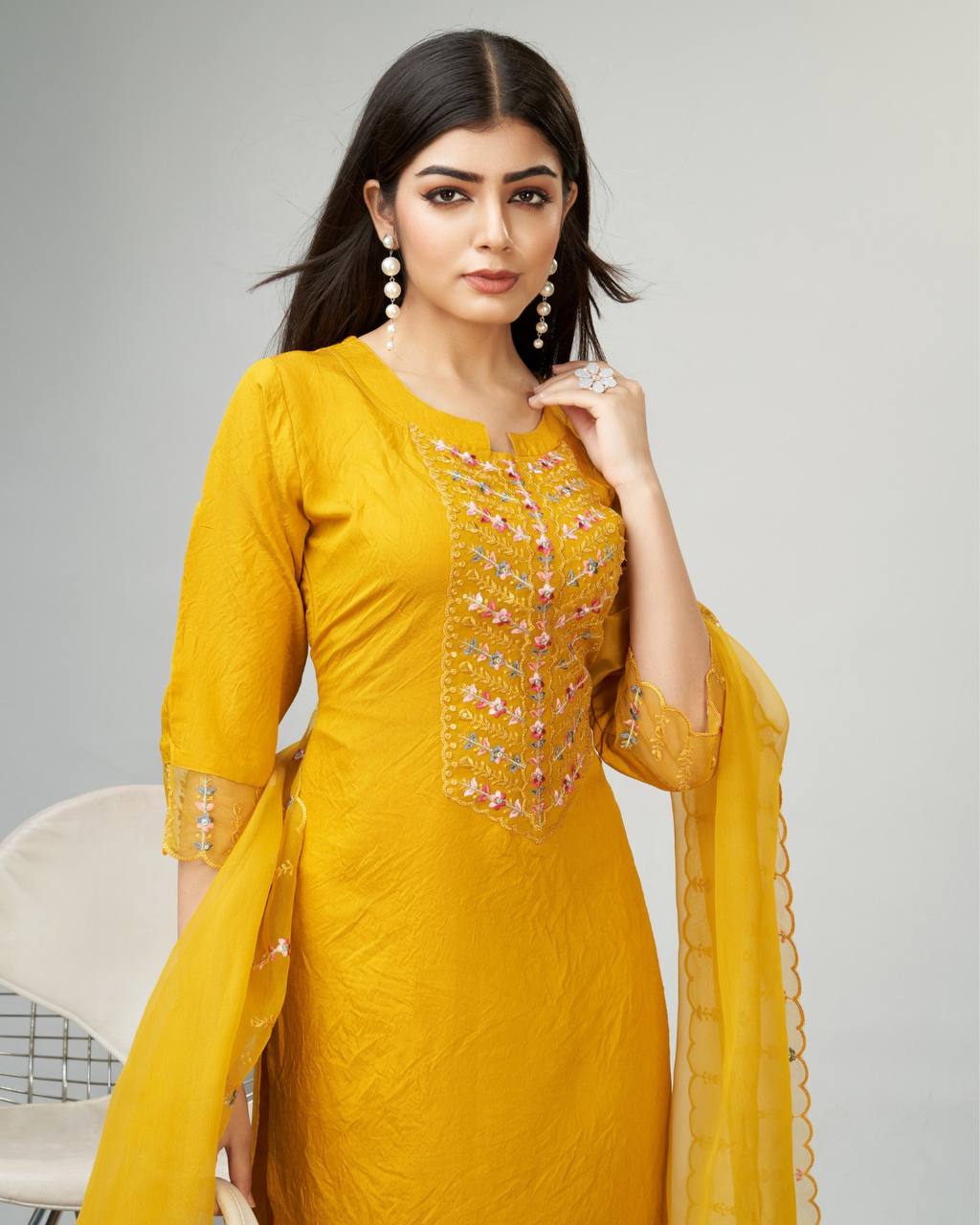 Mustard viscose fabric kurti set