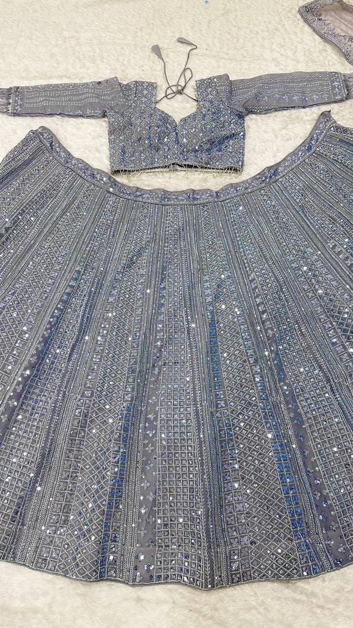 Premium Shimmer Silk Grey Lehenga Fully Stitched