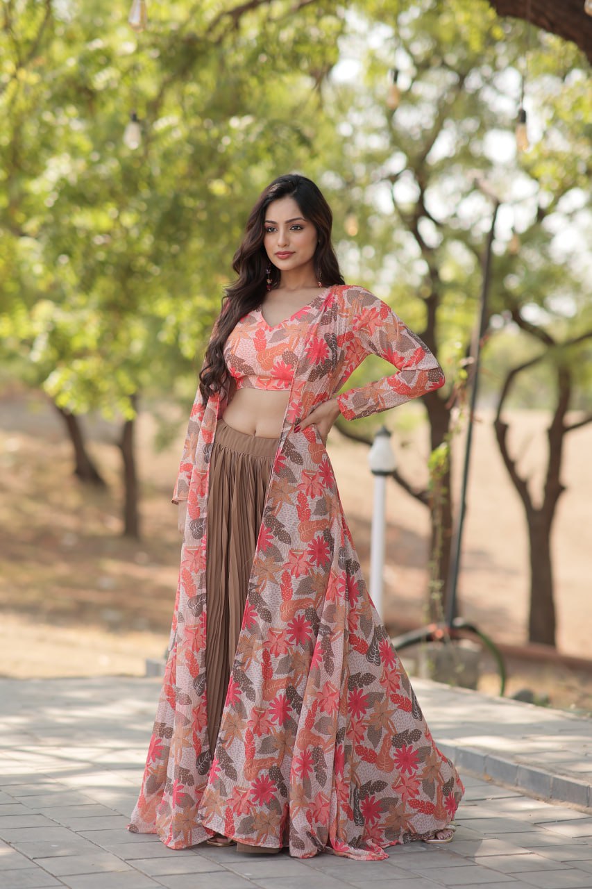 Faux Georgette Brown Pink Lehenga with Shrug Style