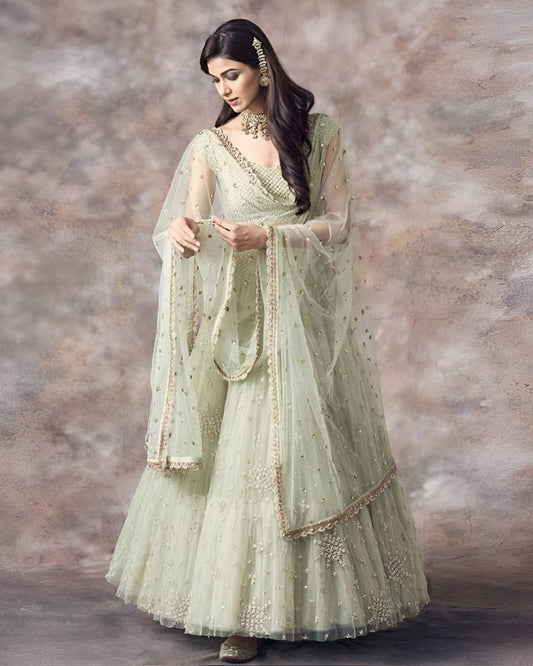 Premium Pastel Pistachio Net Fabric Readymade Lehenga