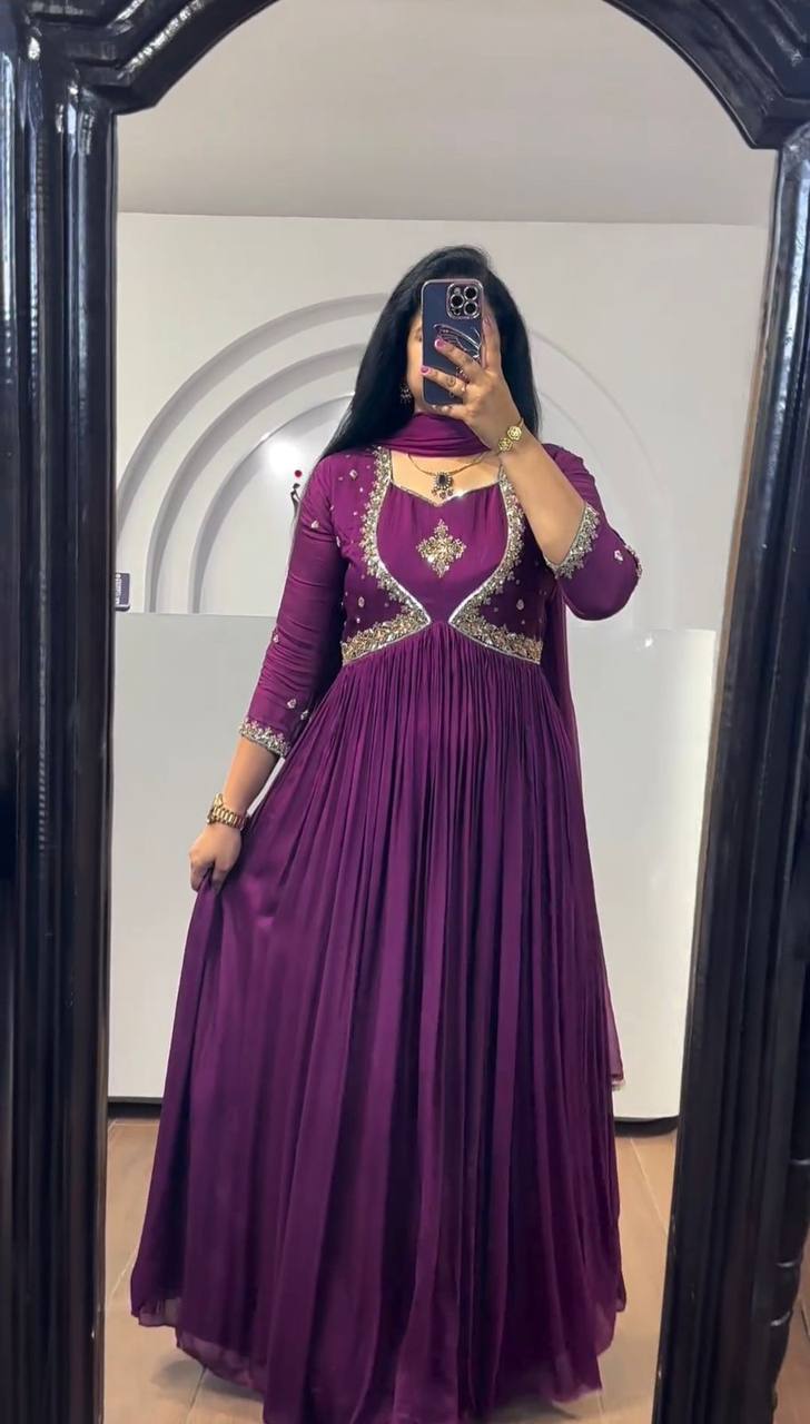 Fully stitched Wine Premium Neckline Work Anarkali style dress
