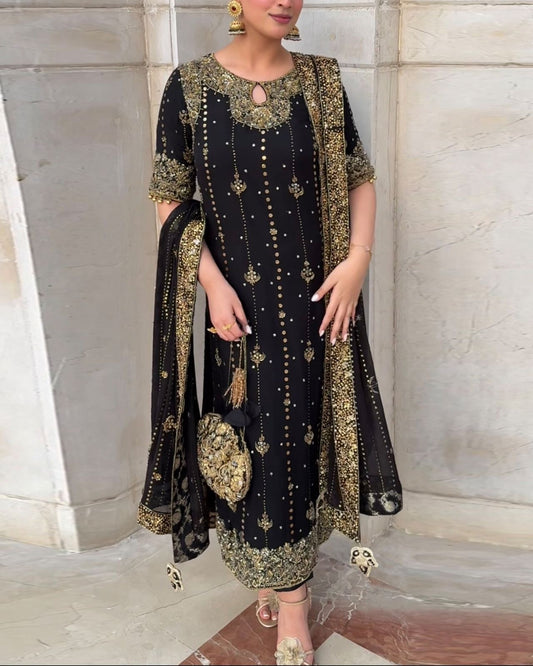 Riwaaz - Soft Georgette Gold Sequins Work Readymade Suit