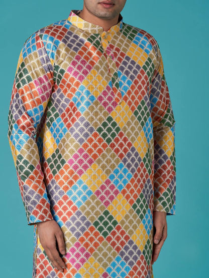 Men's colourful indian ethinic print cotton kurta with pant