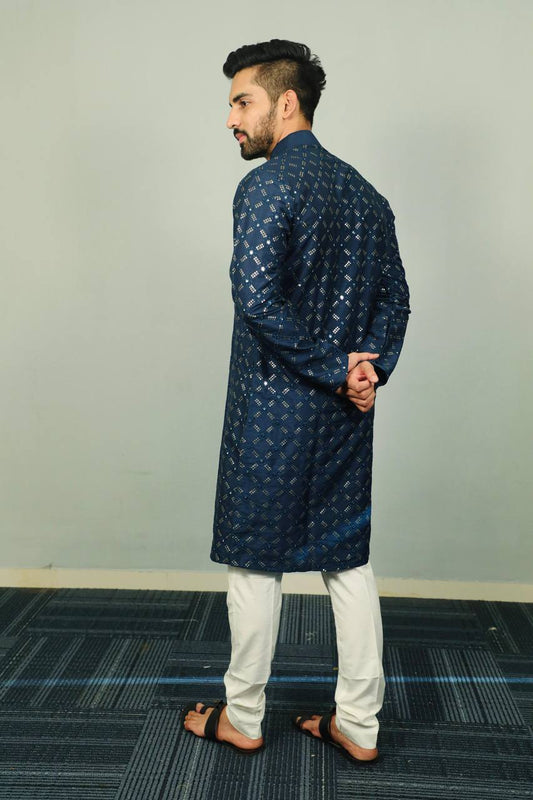 Rama blue Premium soft silk kurta with sequins work and with white cotton pajama