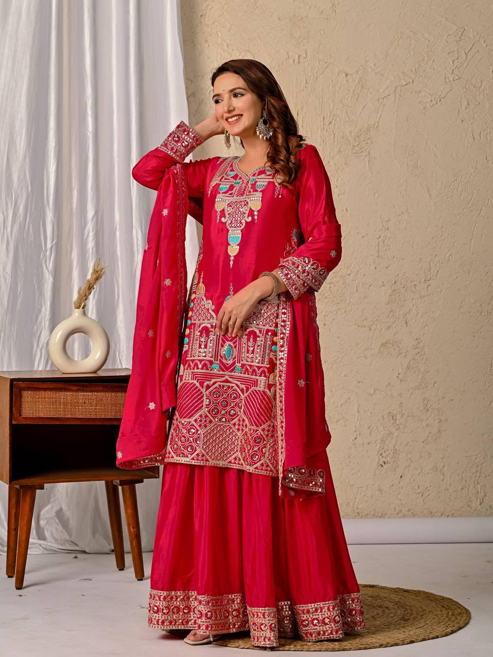 Cherry Pink Elegant Sharara Set Fully Stitched